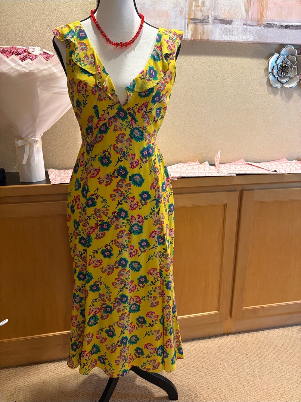 SALONI Yellow Floral V-Neck Midi Dress with Ruffle Shoulders